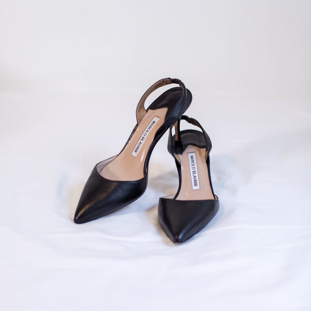 Manolo Blahnik Carolyne Black Leather Mid-Heel 70mm Slingback Pumps